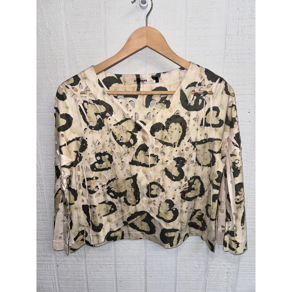 Origami by Vivien Cardigan Women Tan Laser Cut Abstract Heart Cropped Small